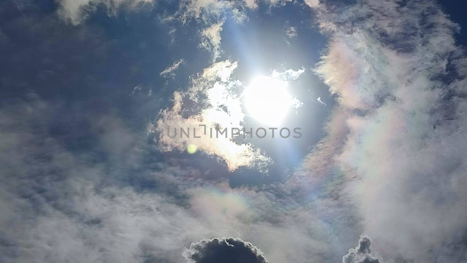 Blue gray light sky nature white clouds whether background, sun face . High quality photo