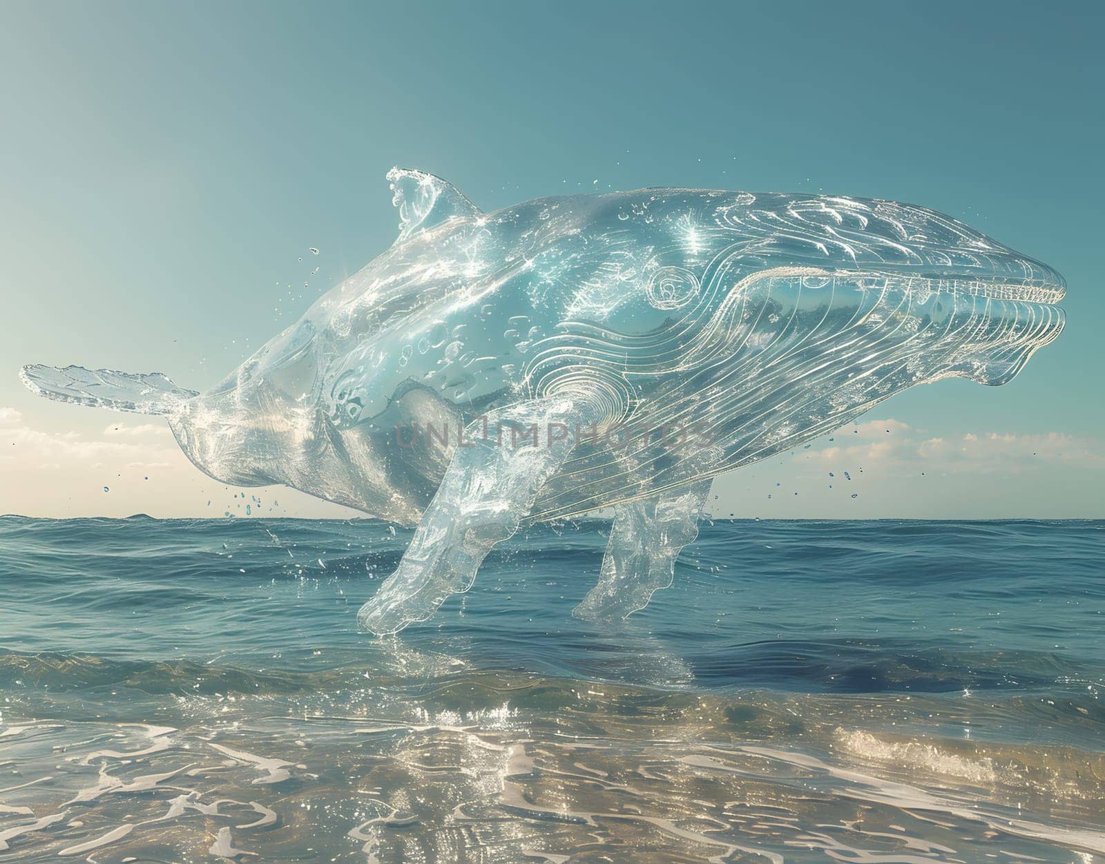 A majestic whale sculpture made entirely of water gracefully swims through the ocean, blending with the liquid surroundings and creating a stunning underwater art display