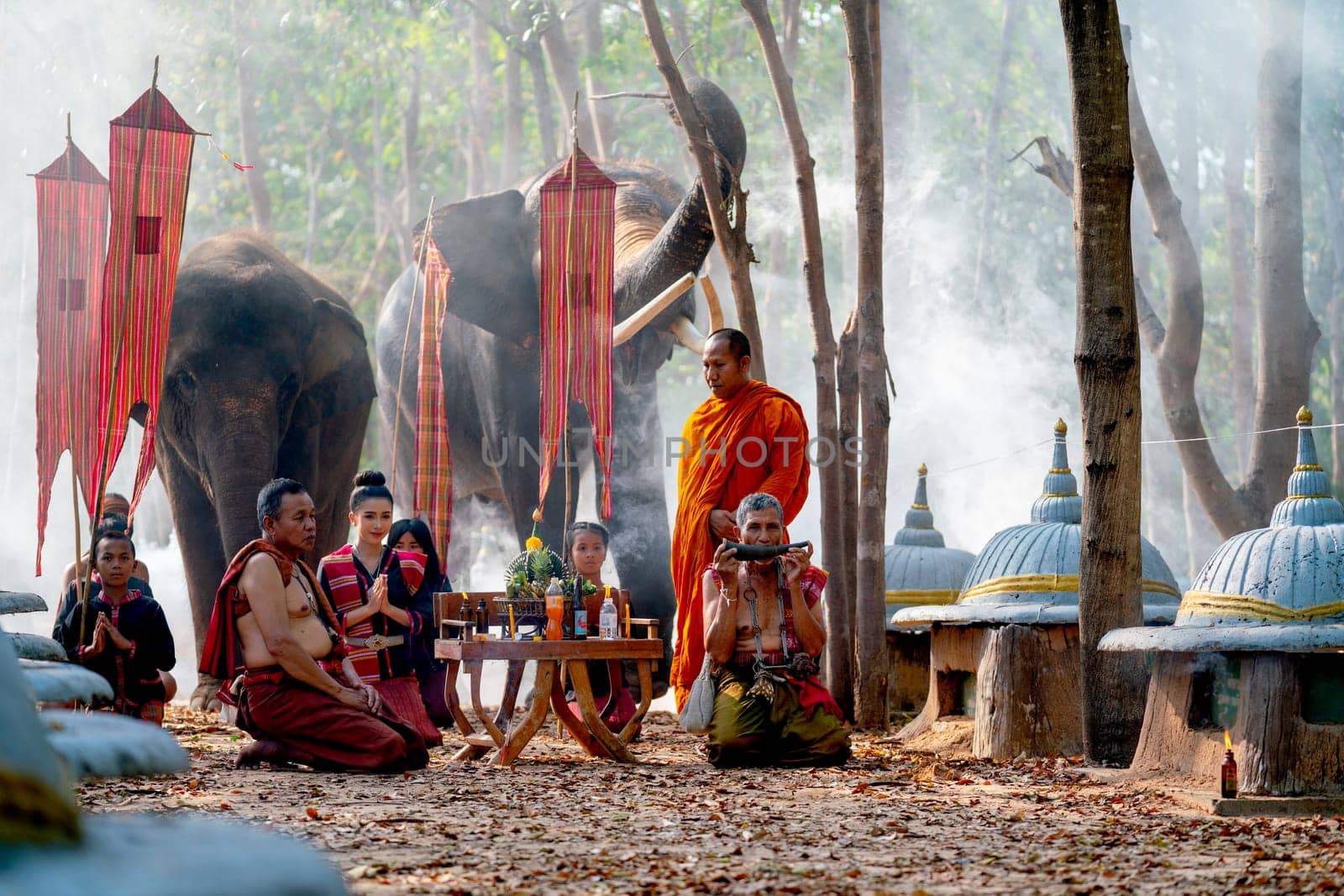 Group of people of mahout village join in traditional ceremony together in front of elephant and use old ivory as tools for the ceremony.