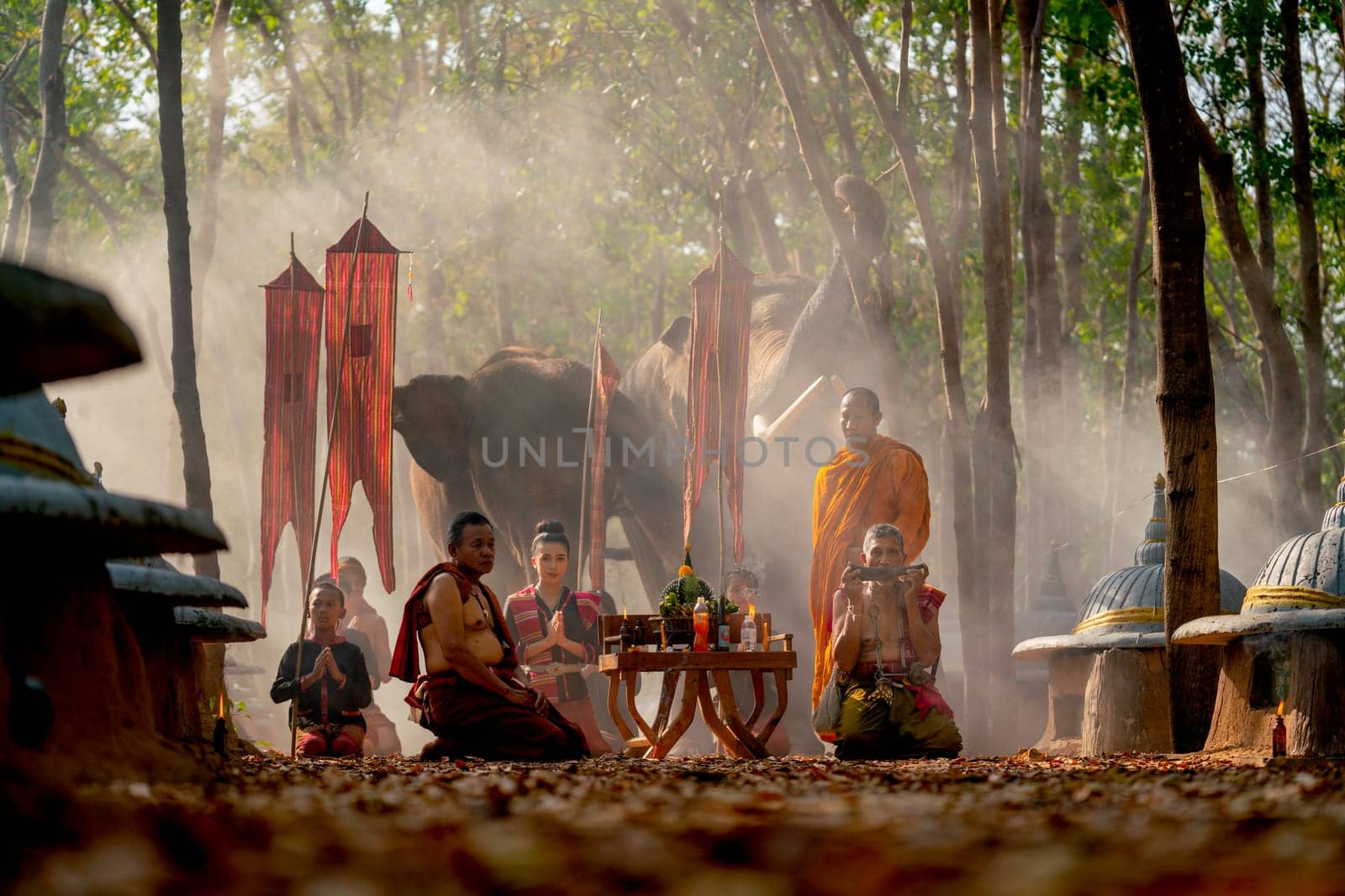 Front view of group of people of mahout village join in traditional ceremony together in front of elephant and use old ivory as tools for the ceremony.