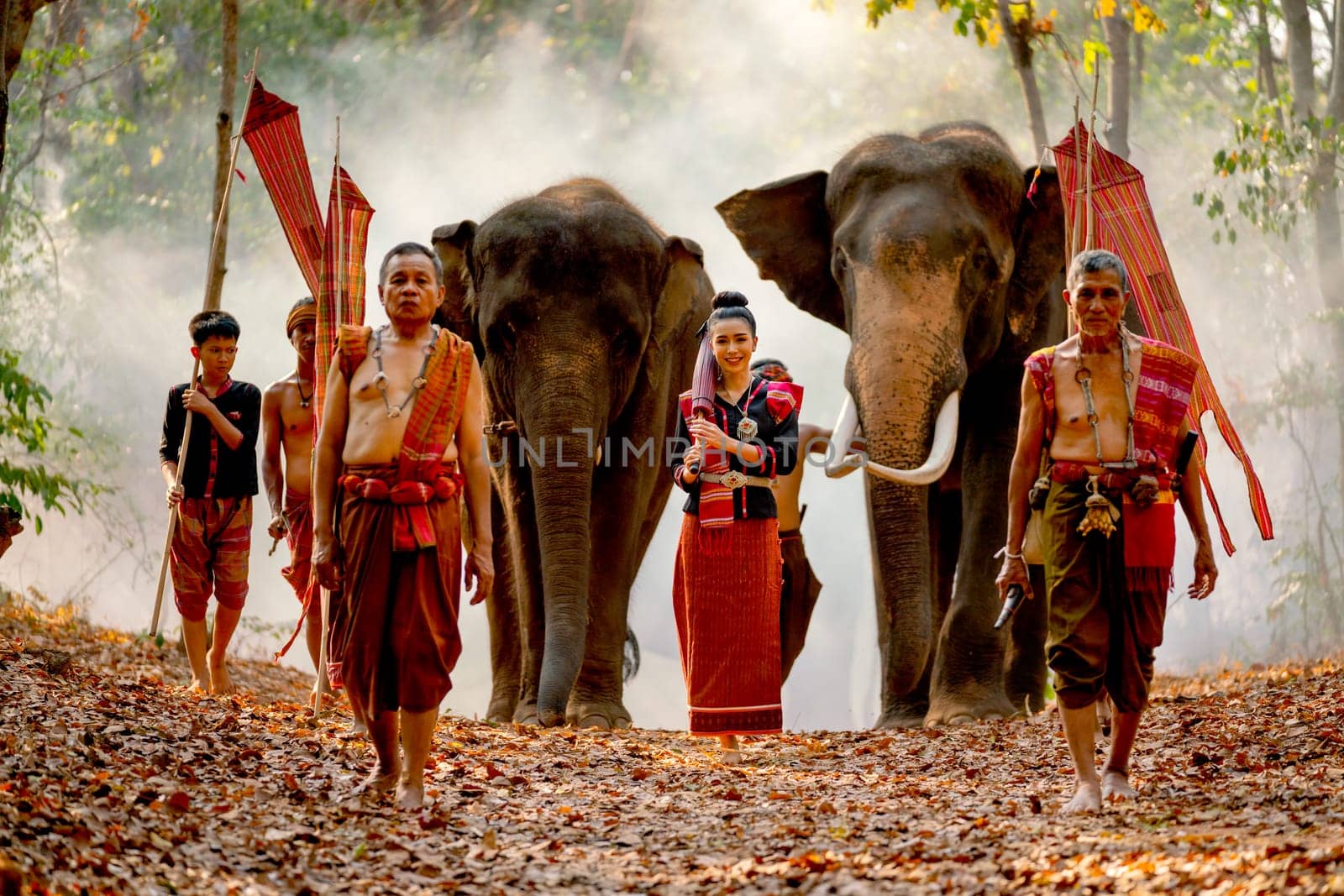 Parade of man and woman of mahout village walk along the road in forest with elephant and flags look like some ceremony. by nrradmin