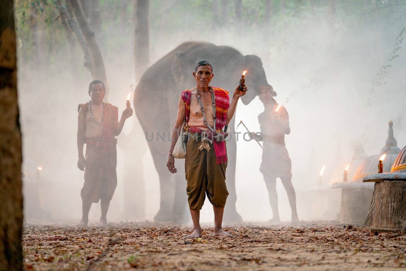 Mahout teacher hold torch and stand in front of other mahout and elephant in concept of traditional ceremony. by nrradmin