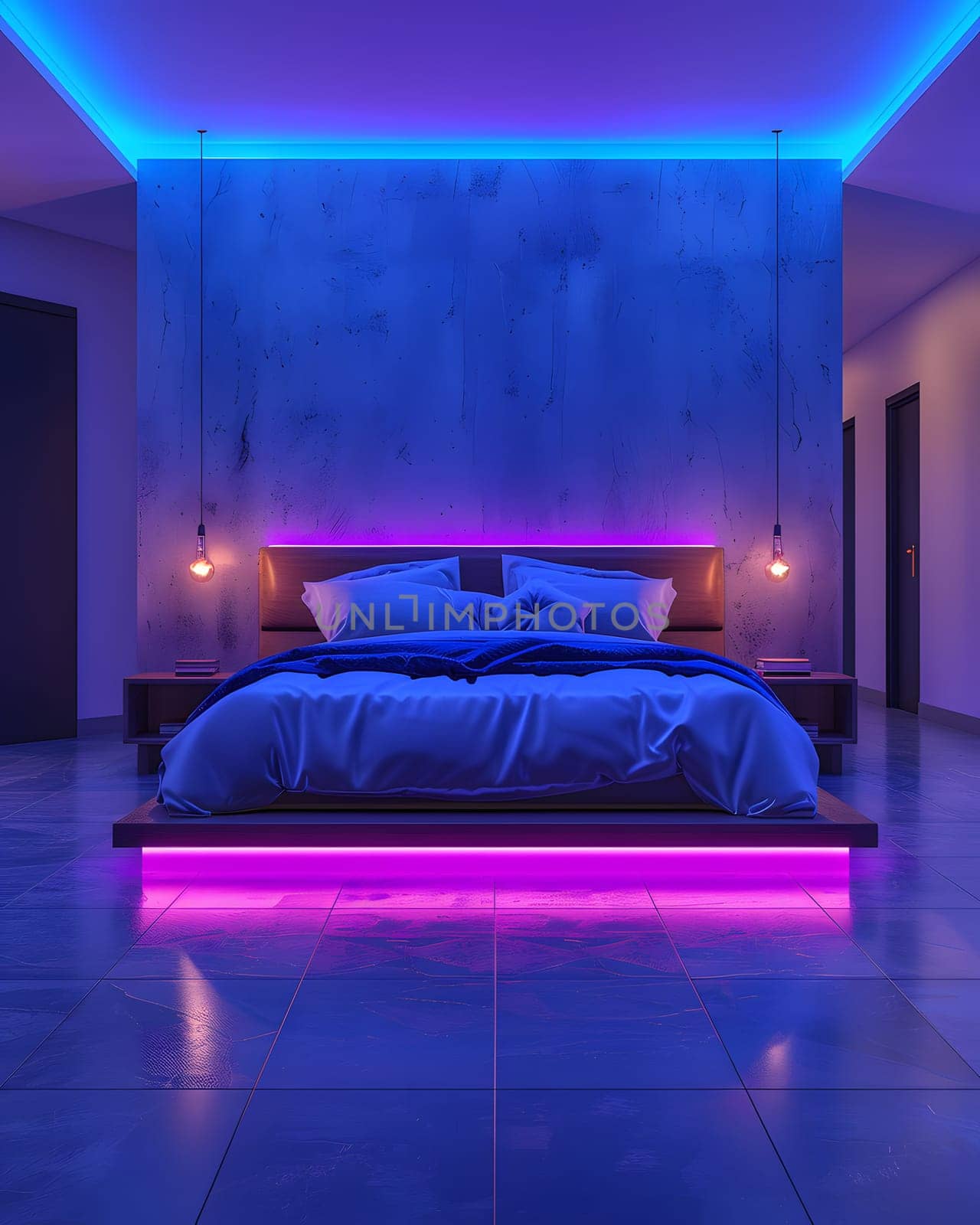 A cozy bedroom featuring a spacious bed, comfortable couch, and neon lights on the ceiling casting a purple and blue glow reminiscent of a starry sky. Perfect for relaxation and entertainment