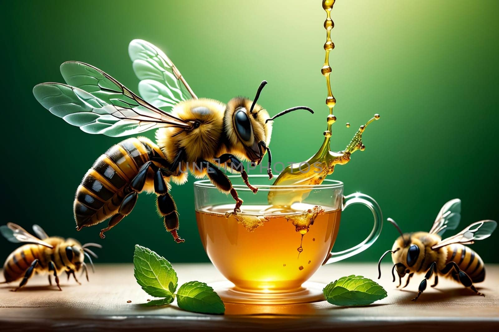 bees carry honey into tea, natural tea with honey.