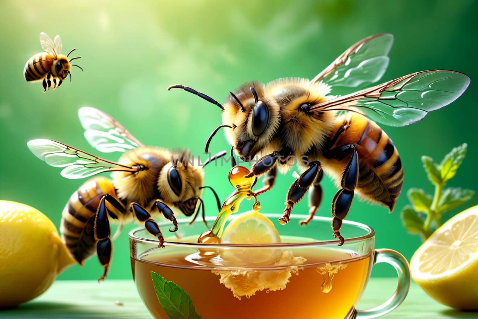 bees carry honey into tea, natural tea with honey.