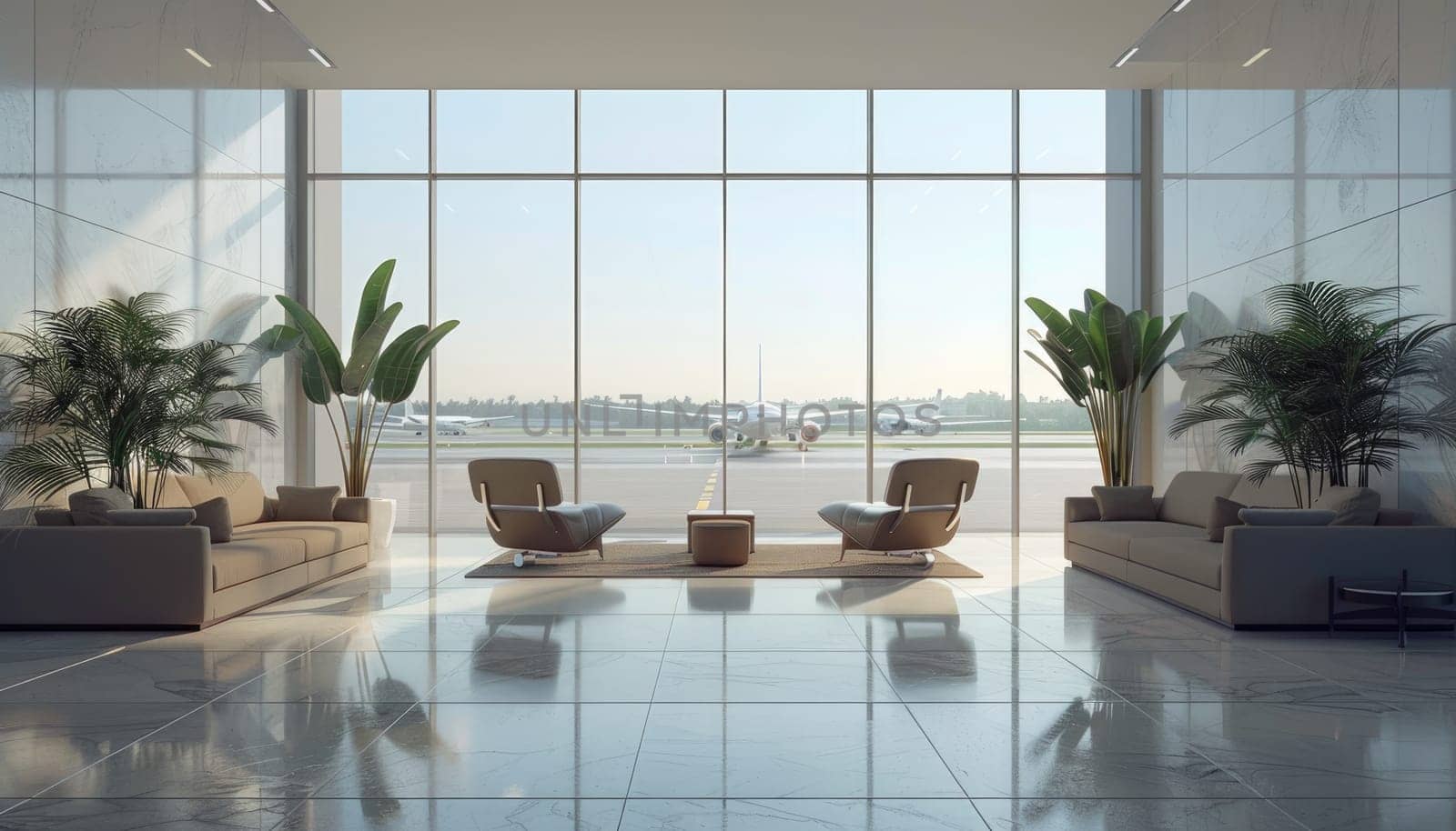 airport lounge with airplanes on the background. by AI generated image.