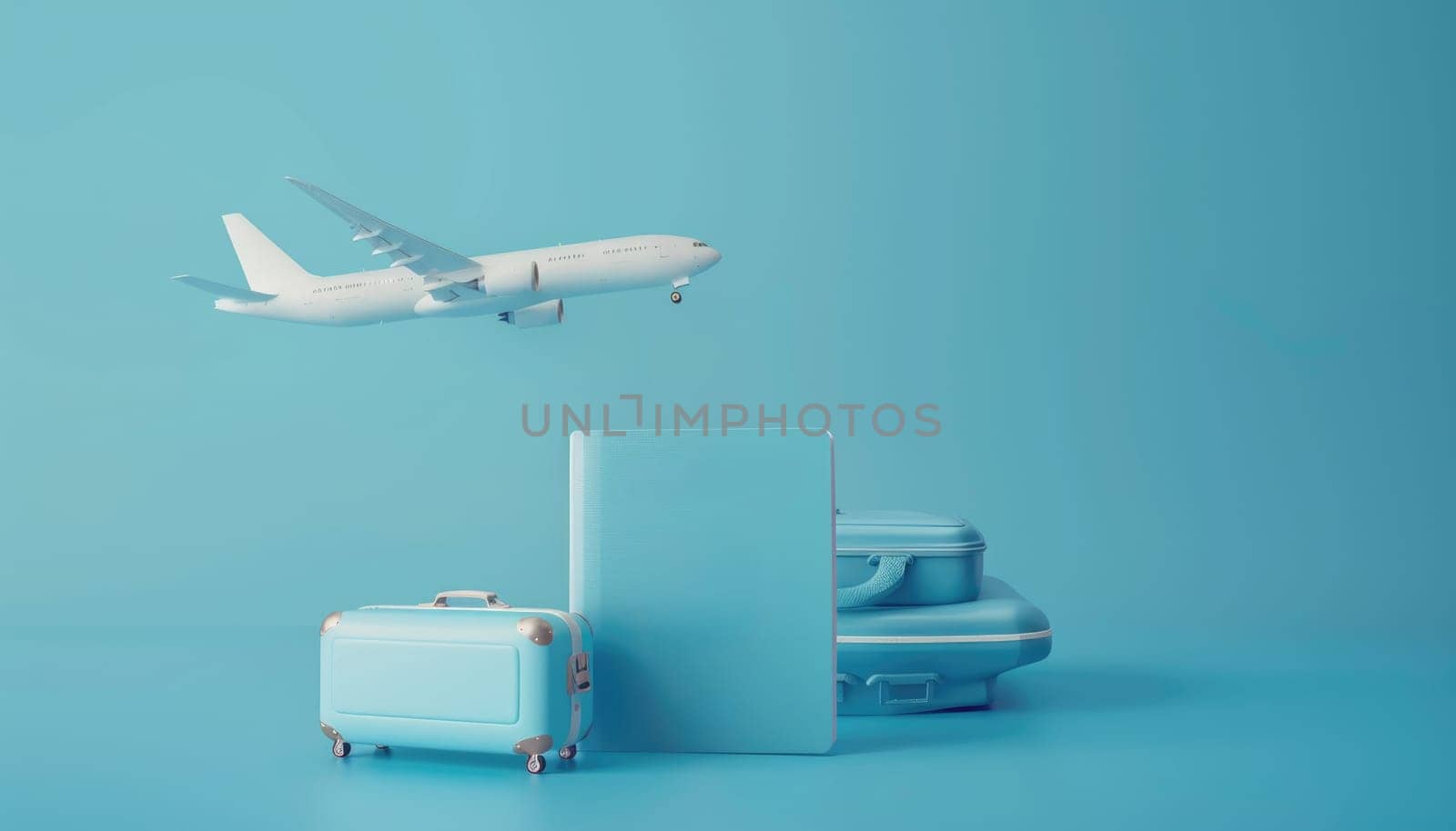 airplane and luggage or baggage floated in front of the passport for air transport media and tourism during high season by AI generated image.