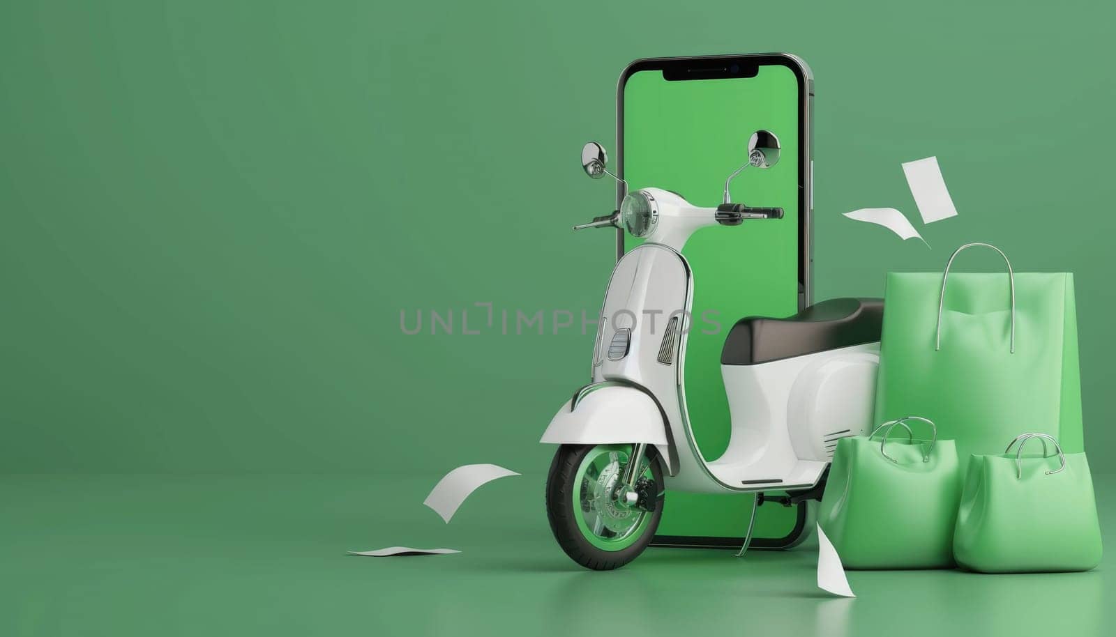 Green food bag or box is placed on white motorcycle or scooter. and all on smartphone with green screen and receipt paper by AI generated image.