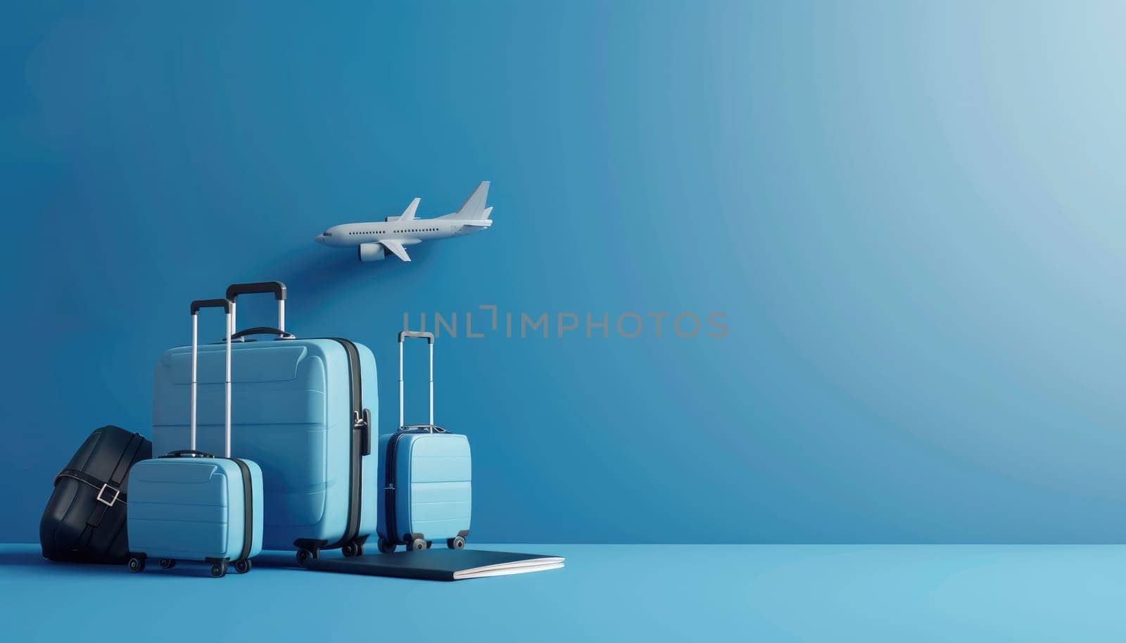 luggage or baggage and planes placed on passport for making advertising media about tourism by AI generated image.