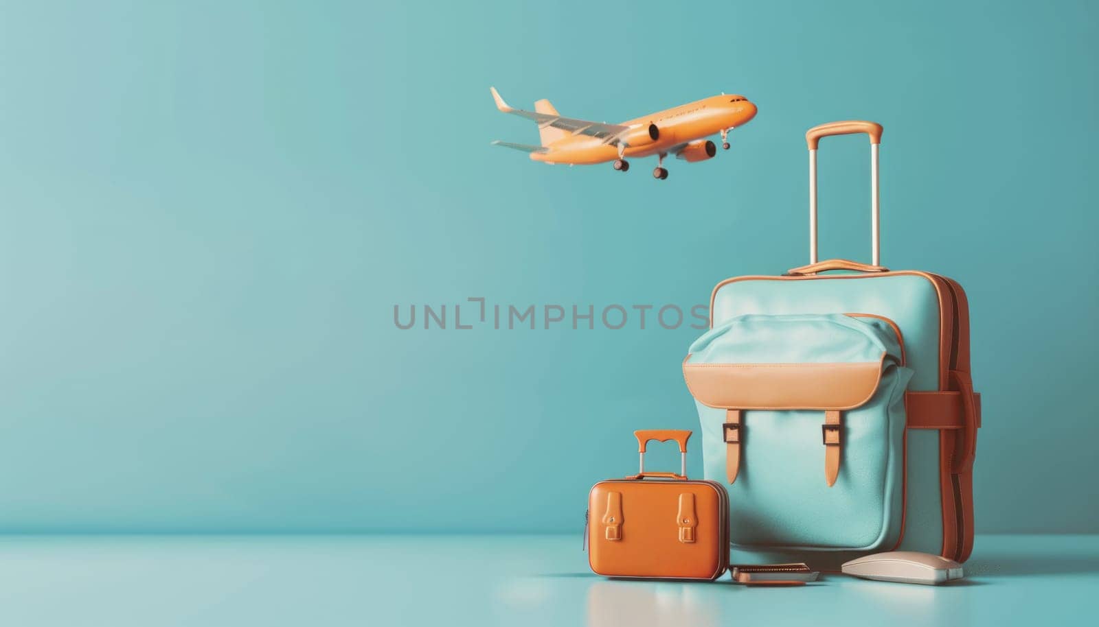 luggage or baggage and planes placed on passport for making advertising media about tourism by AI generated image.