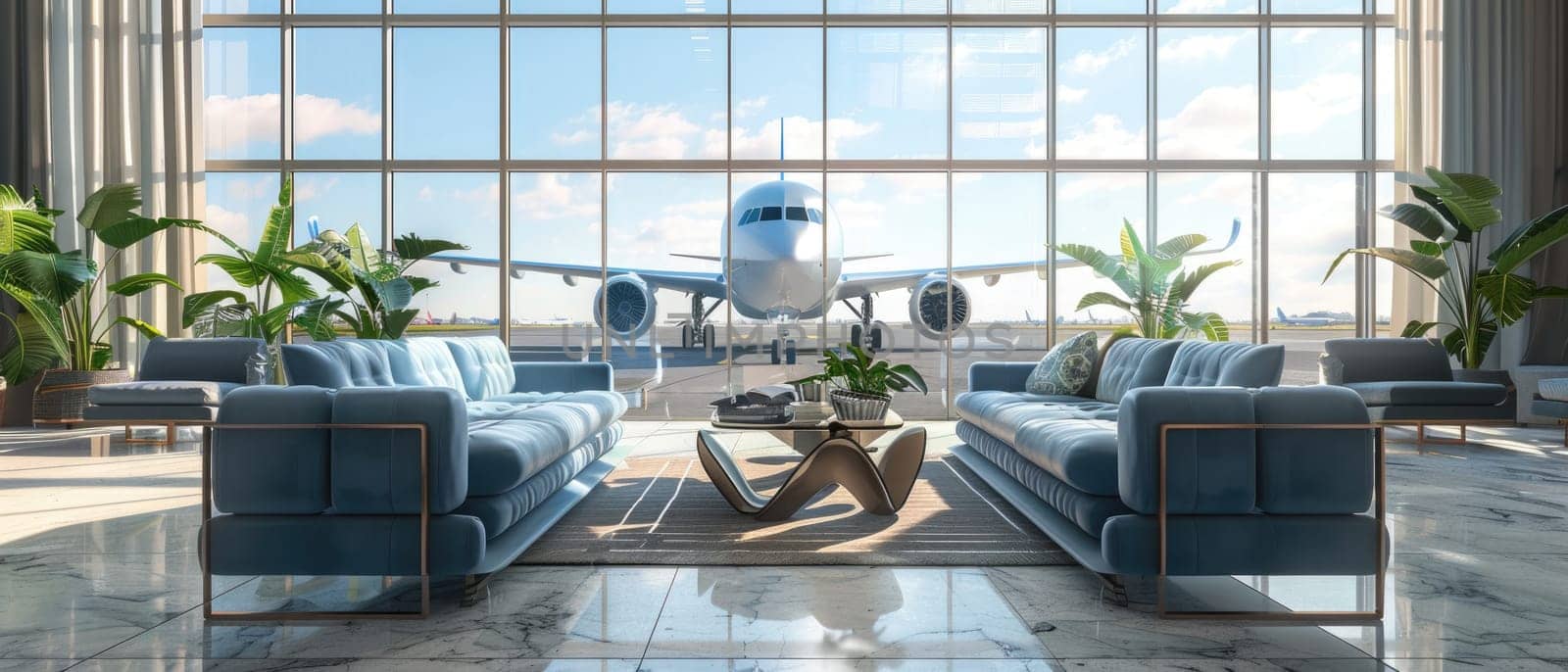 airport lounge with airplanes on the background. by AI generated image by wichayada