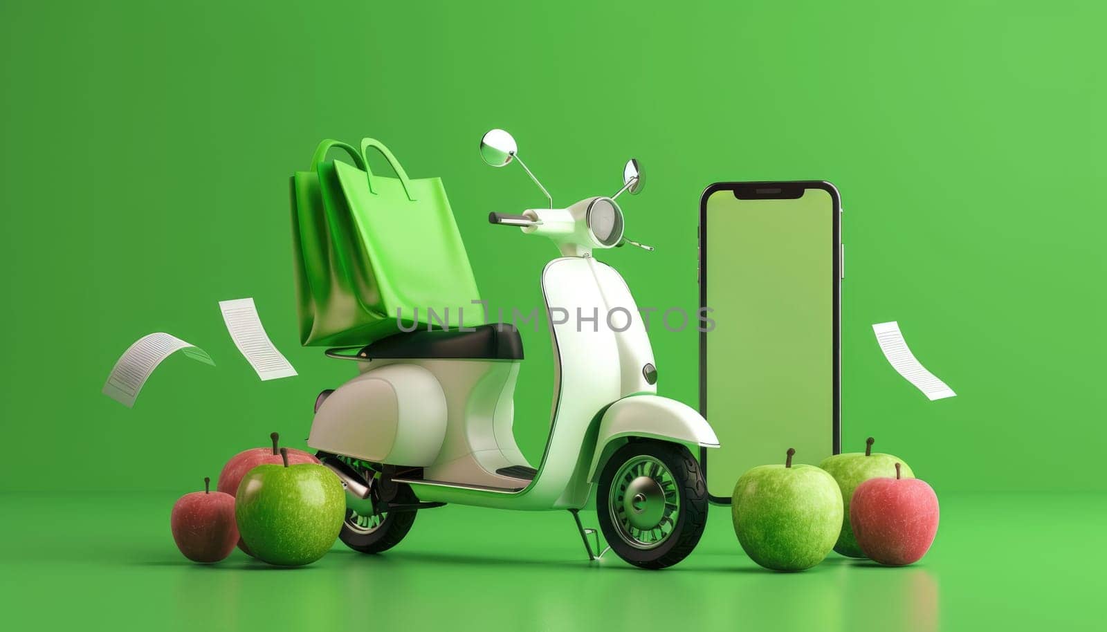 Green food bag or box is placed on white motorcycle or scooter. and all on smartphone with green screen and receipt paper by AI generated image by wichayada