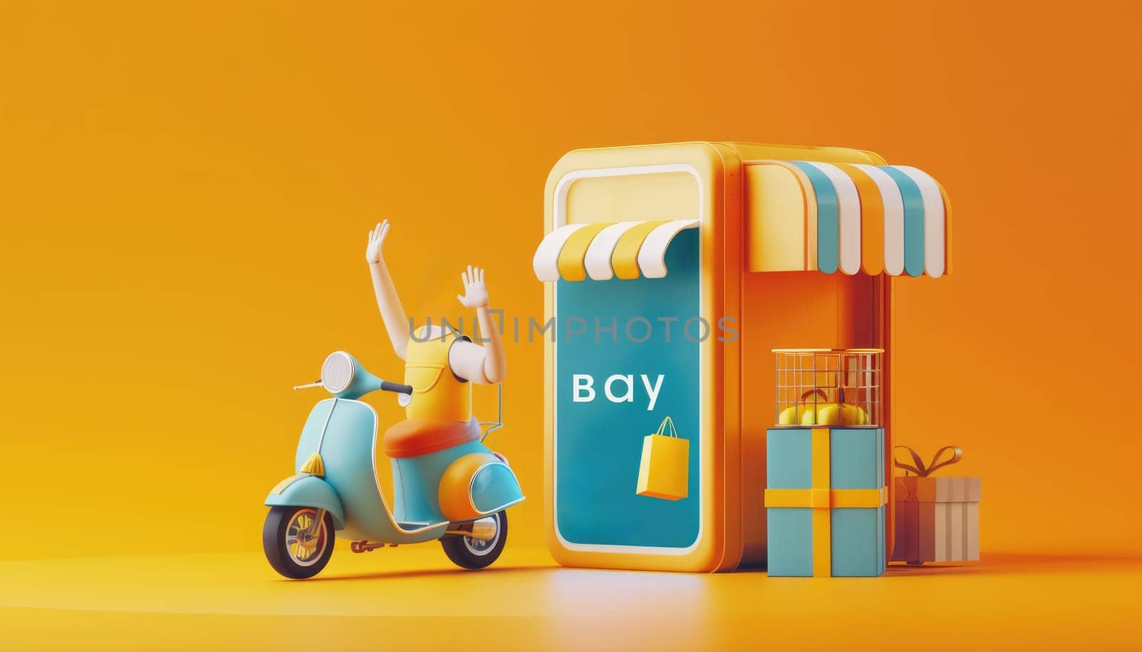 The parcel box and buy icon are placed on the smartphone shop screen and there is a delivery scooter driver waving behind for delivery and online shopping concept by AI generated image by wichayada