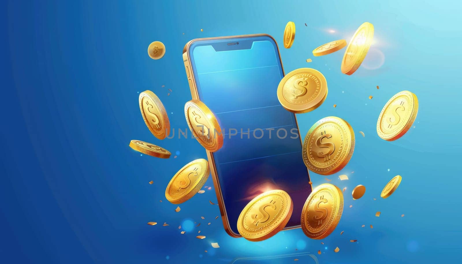 Golden arrow revolving around gold coins and CASH BACK label and all object floating front smartphone blue screen by AI generated image by wichayada