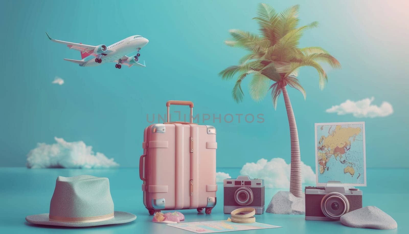 It's time to travel, concept poster in 3D with suitcase, palm tree, hat, camera, airplane, map. by AI generated image by wichayada
