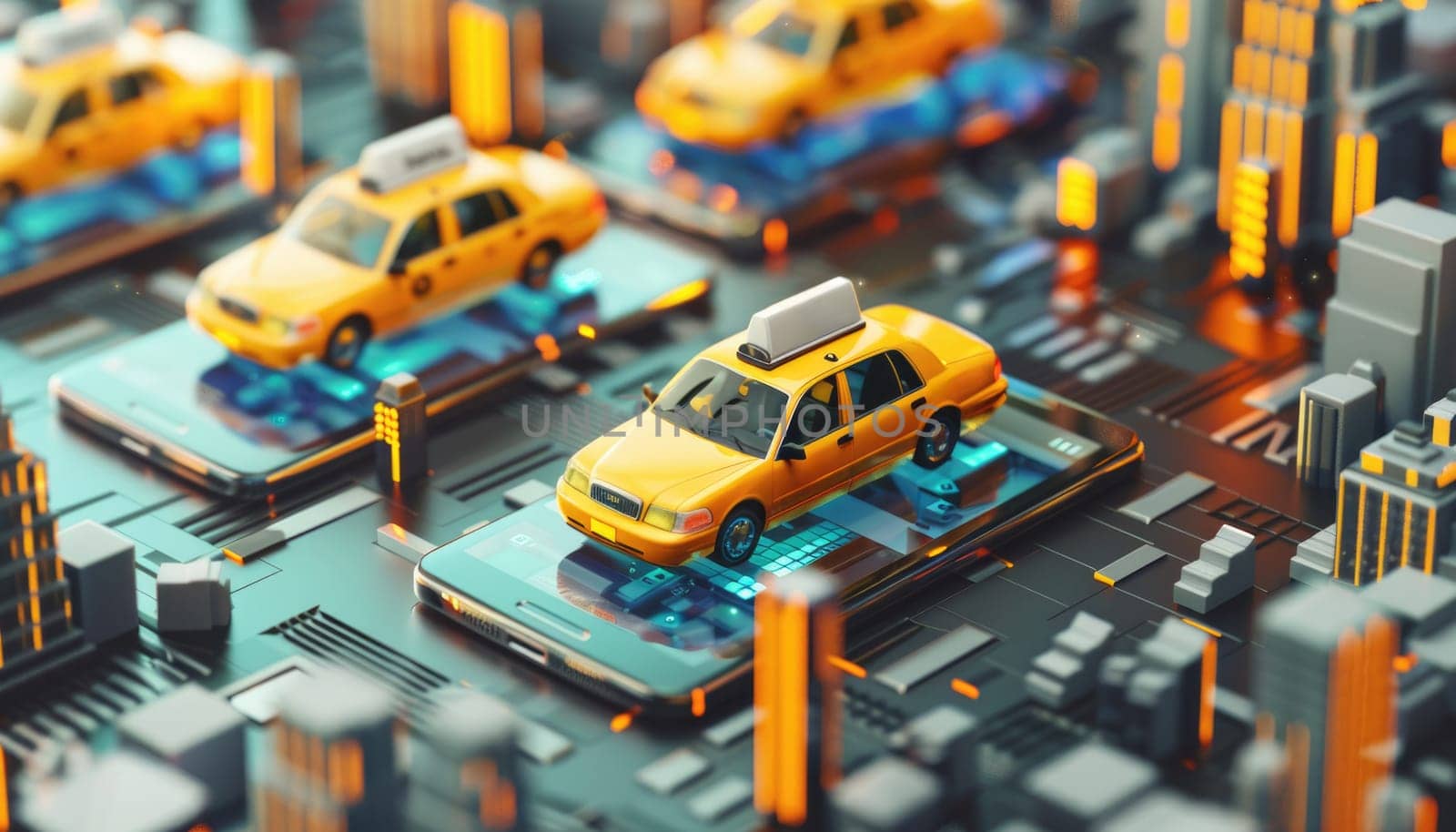 Yellow cabs float in air with all places to pick up customers in front of their smartphones for making advertisements about the platform to run taxi services by AI generated image.