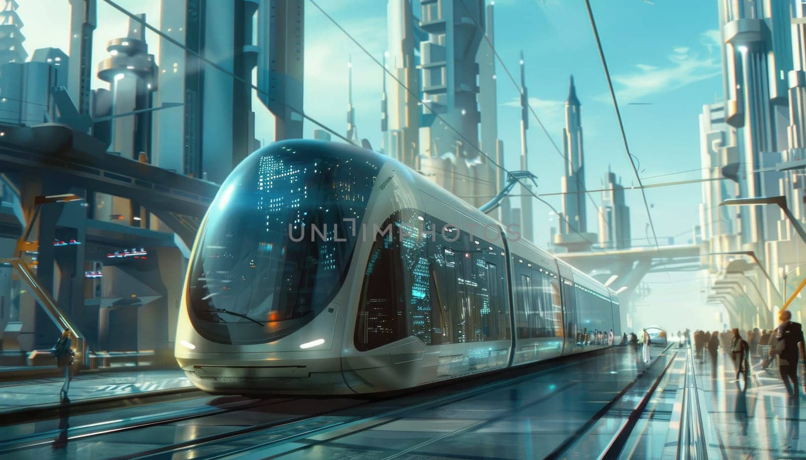 Futuristic city tram rides through the city.