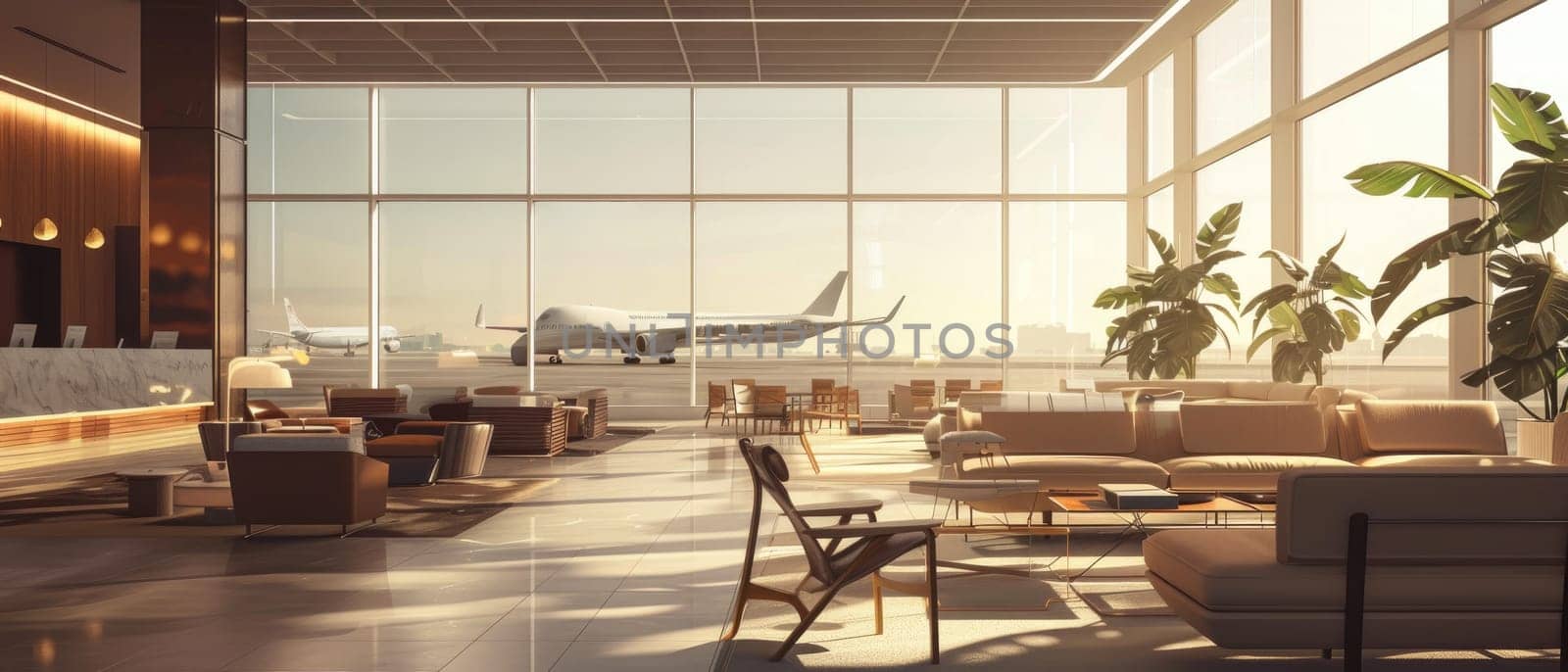 airport lounge with airplanes on the background. by AI generated image.