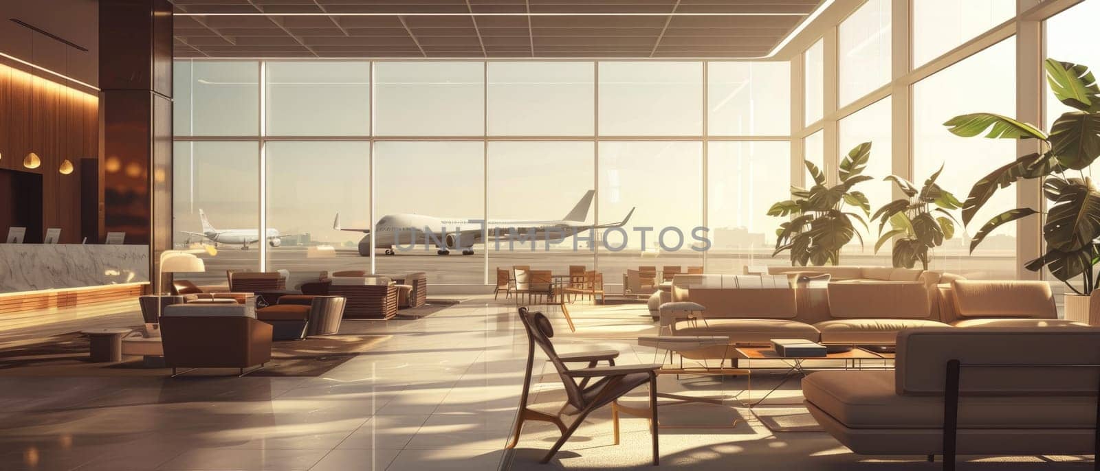 airport lounge with airplanes on the background. by AI generated image by wichayada