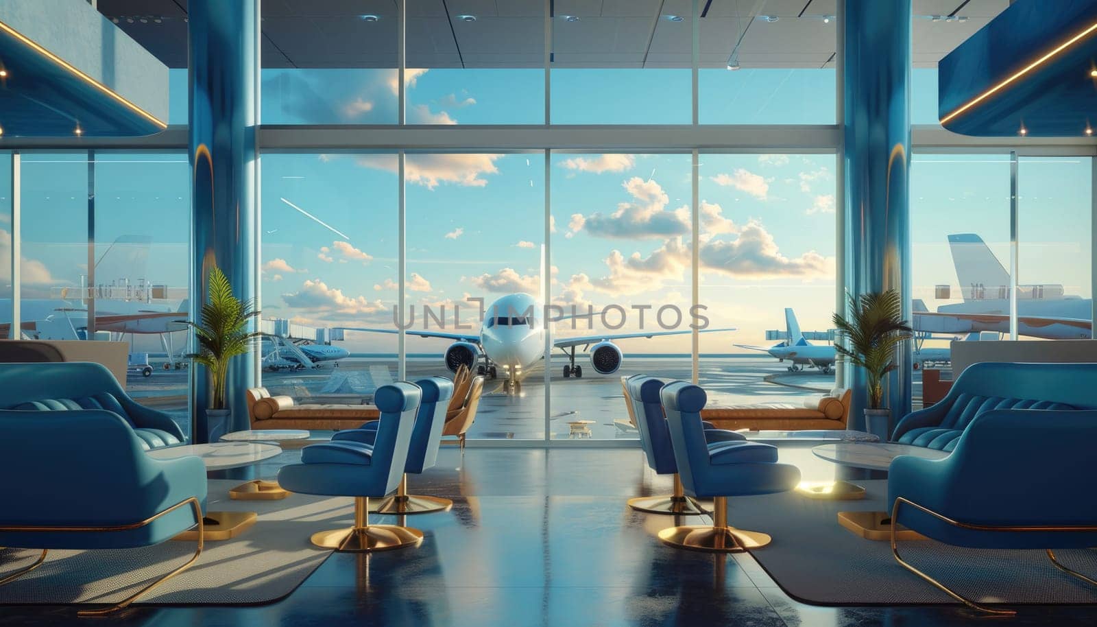 airport lounge with airplanes on the background. by AI generated image by wichayada