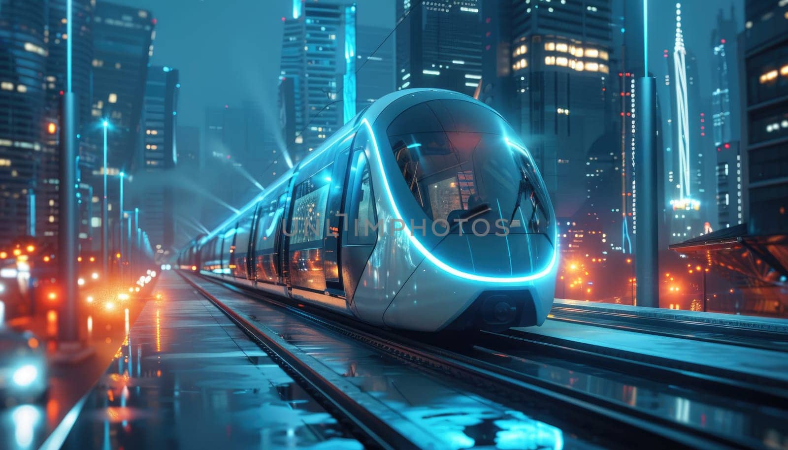 Futuristic city tram rides through the city.