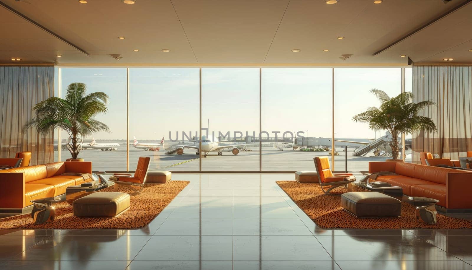 airport lounge with airplanes on the background. by AI generated image by wichayada