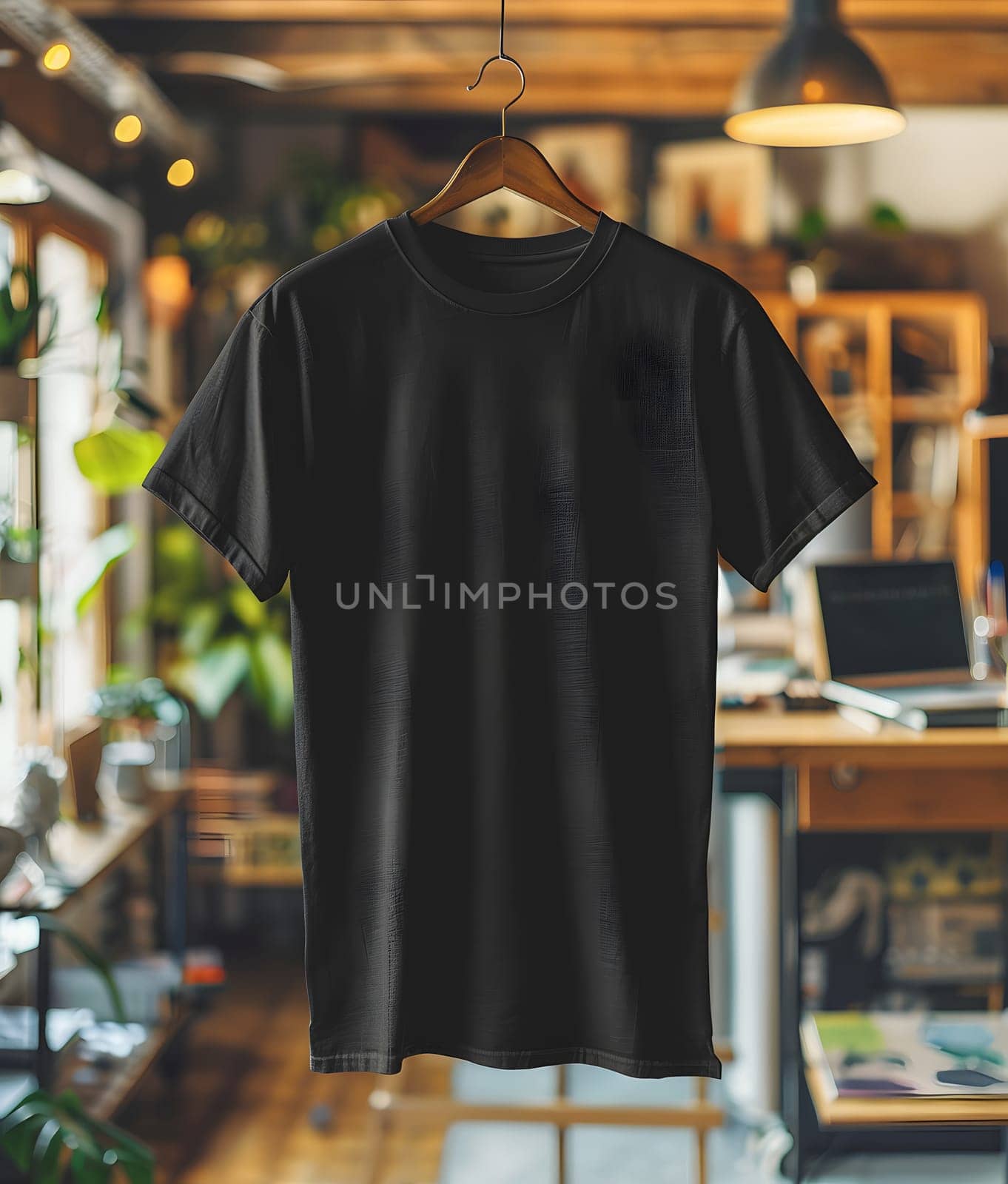 A sleeve black Tshirt, a fashion design of sportswear, is displayed on a clothes hanger in a room, suitable for retail, events, formal wear, uniforms, or active shirts