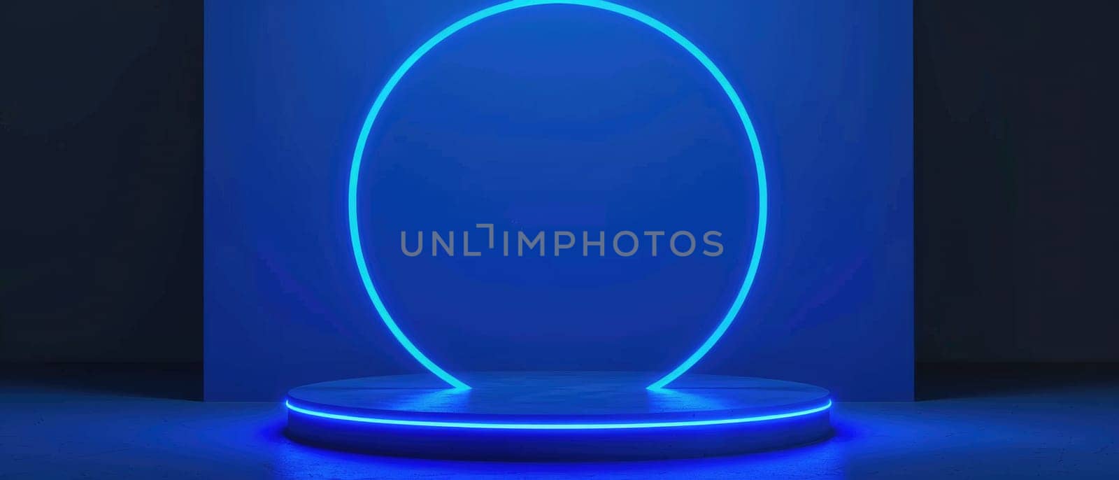 A blue circle is lit up on a stage by AI generated image.