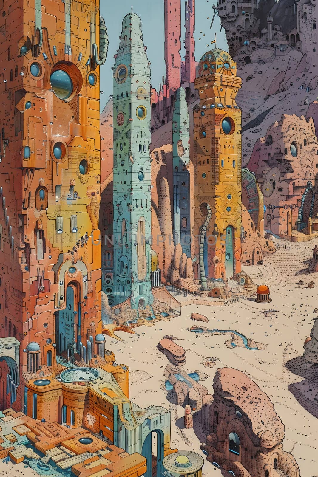A watercolor painting of a futuristic city emerging from the desert, a creative blend of urban design and natural landscape in the visual arts