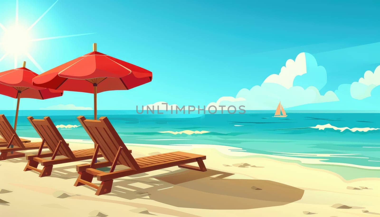 A beach scene with two red umbrellas and three beach chairs by AI generated image by wichayada