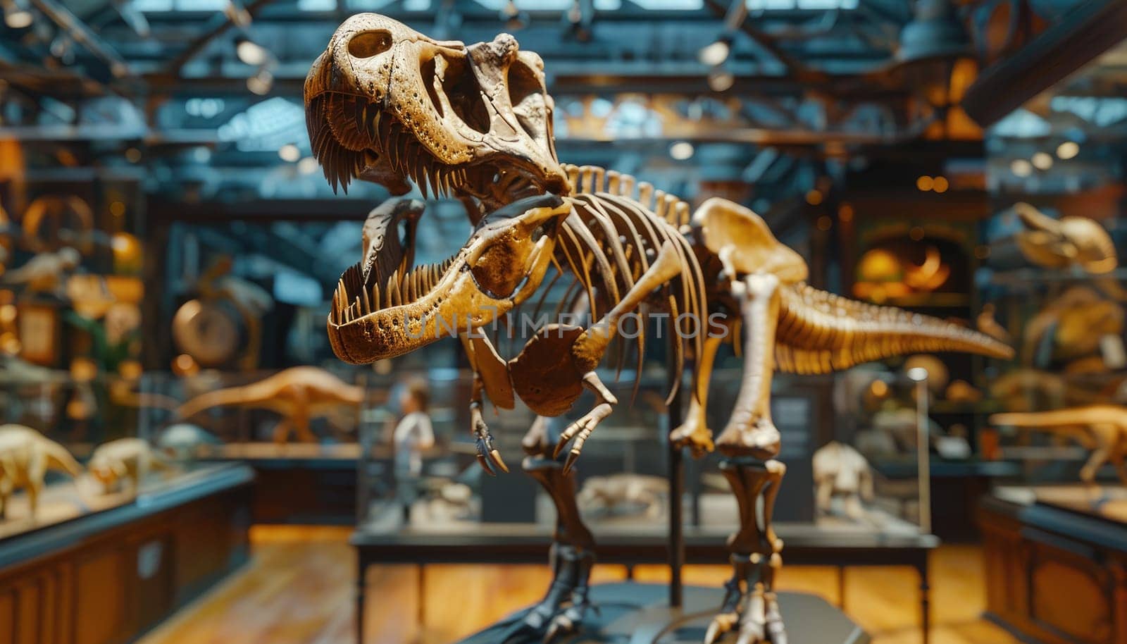 A skeleton of a dinosaur is on display in a museum by AI generated image.