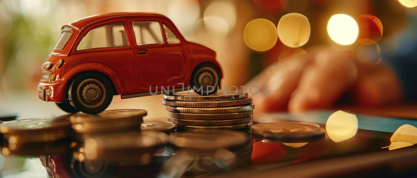 A toy car is sitting on top of a pile of coins by AI generated image by wichayada