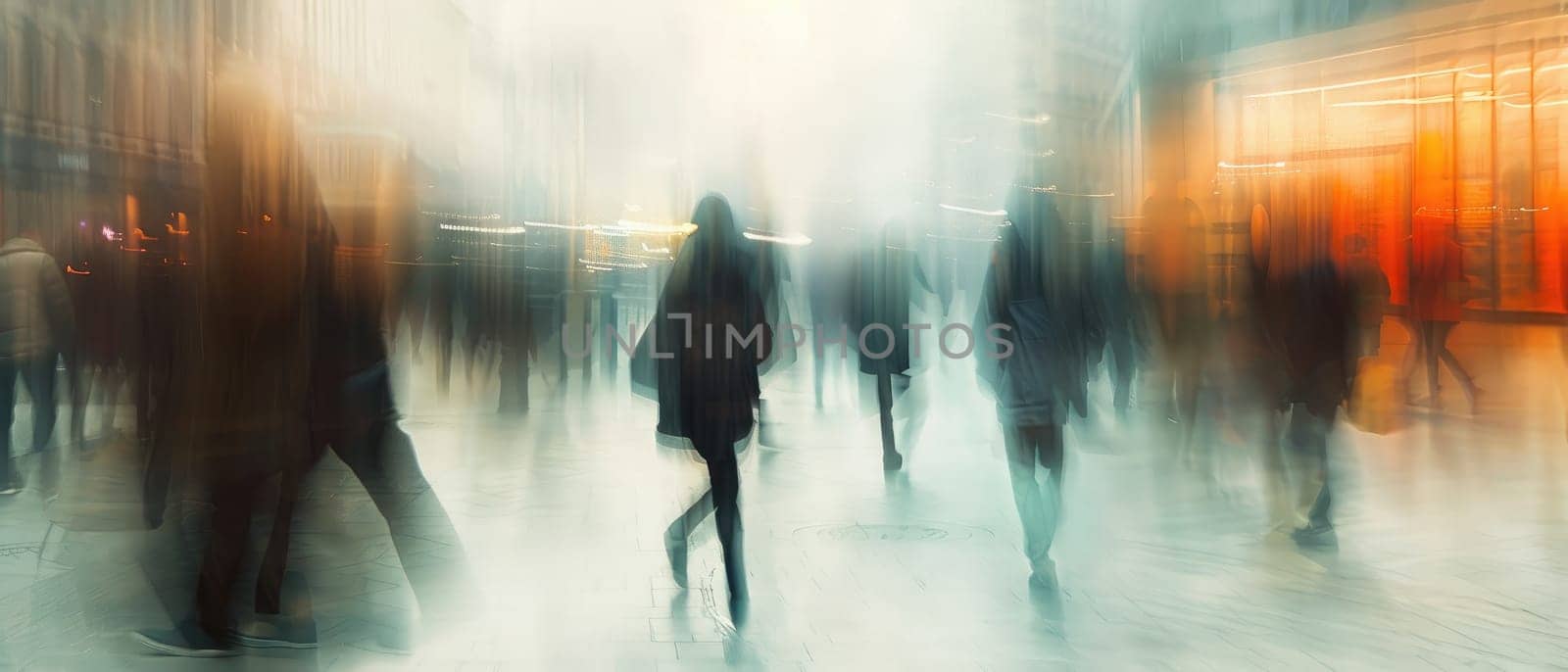 A blurry image of a busy city street with people walking and carrying bags by AI generated image.