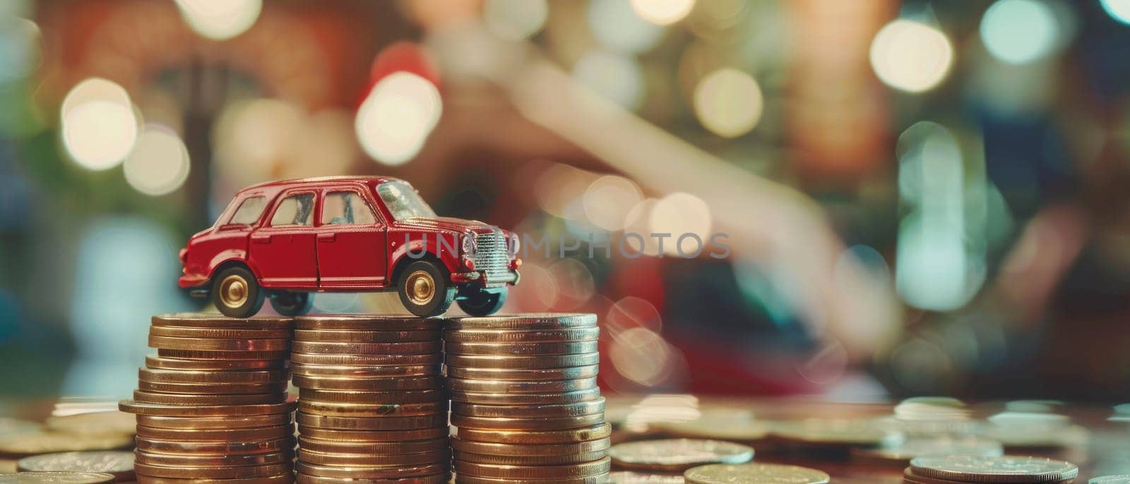 A toy car is sitting on top of a pile of coins by AI generated image by wichayada