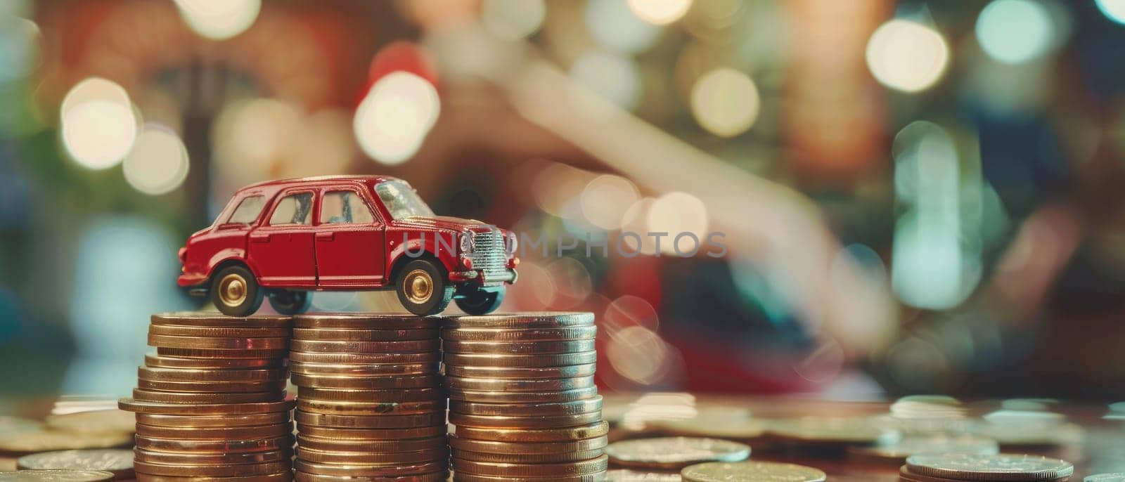 A toy car is sitting on top of a pile of coins by AI generated image.