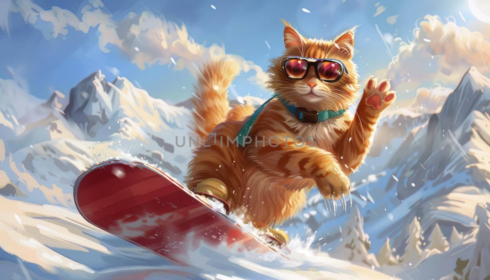 A cat is riding a snowboard on a mountain by AI generated image by wichayada