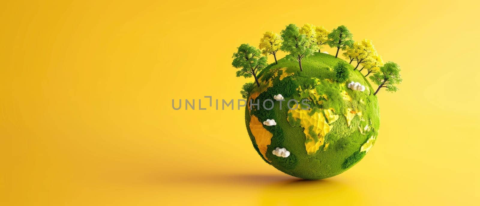 A green planet with trees and a yellow background by AI generated image.