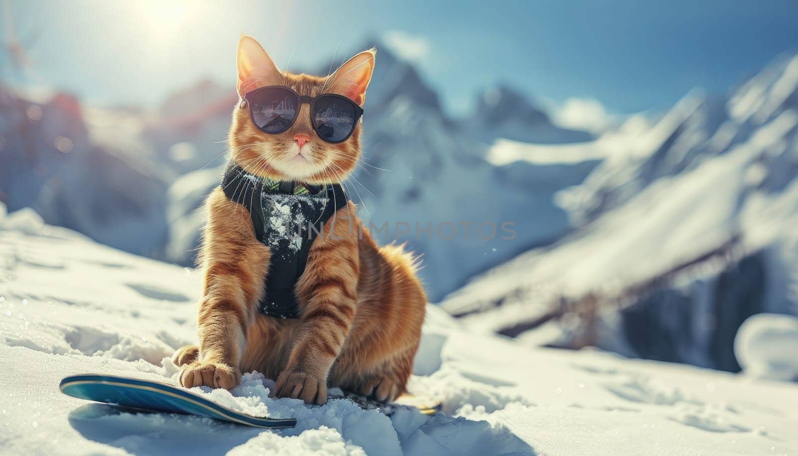 A cat is riding a snowboard on a mountain by AI generated image by wichayada