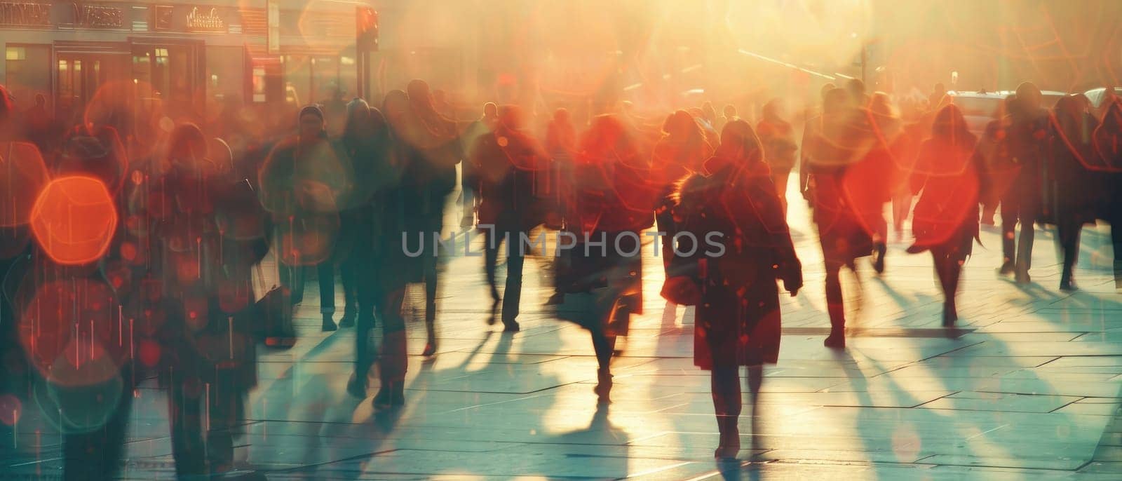 A blurry image of a busy city street with people walking and carrying bags by AI generated image by wichayada