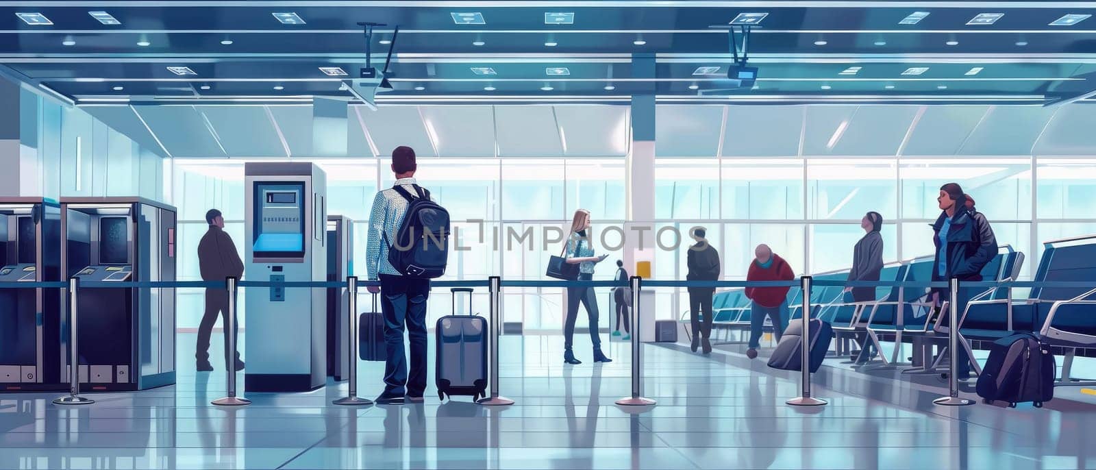 A man and woman walk through a large airport terminal by AI generated image.