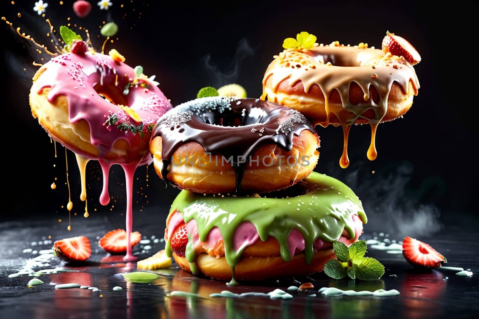 donuts in multi-colored glaze with berries on a black background .
