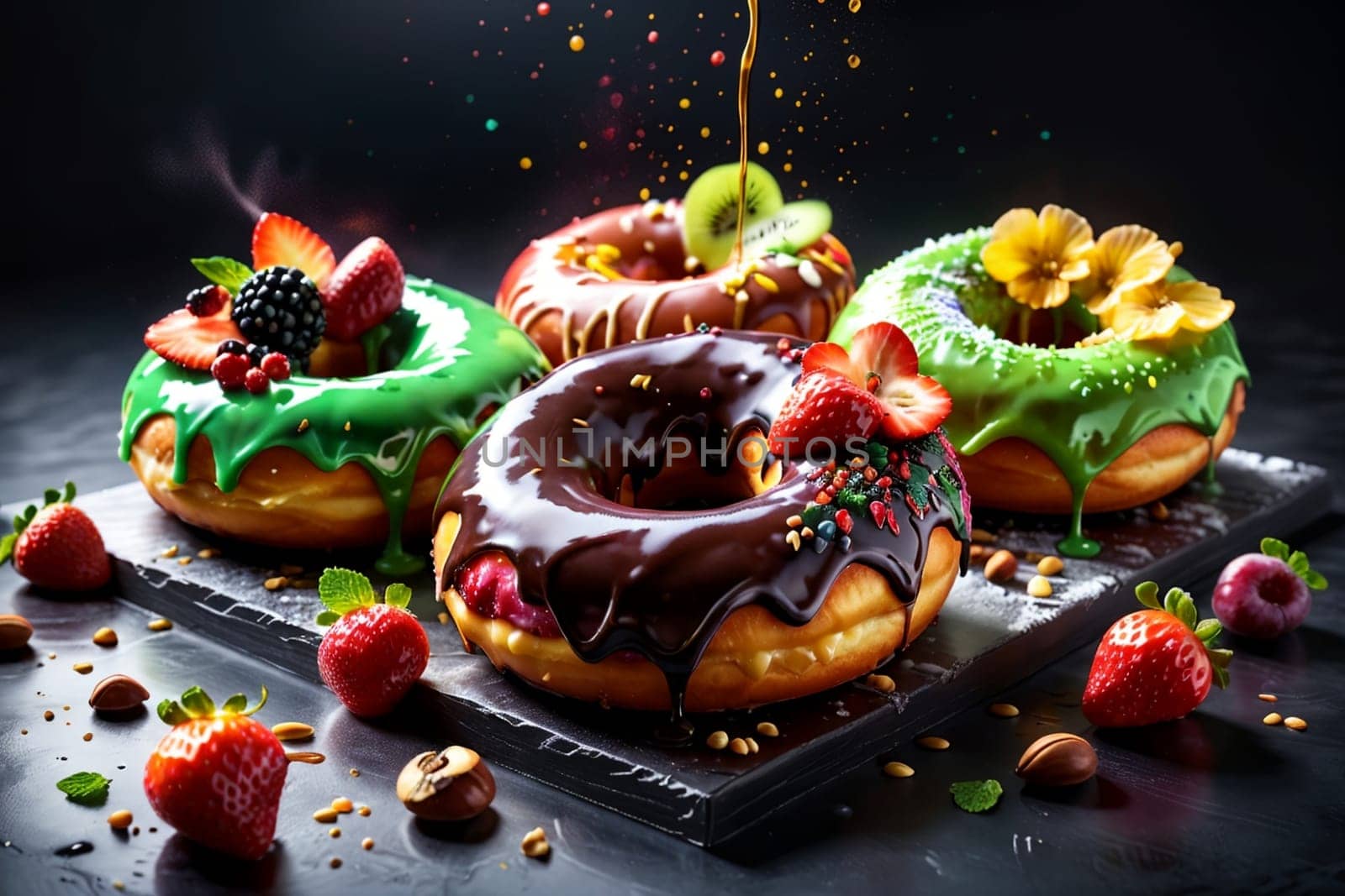 donuts in multi-colored glaze with berries on a black background .