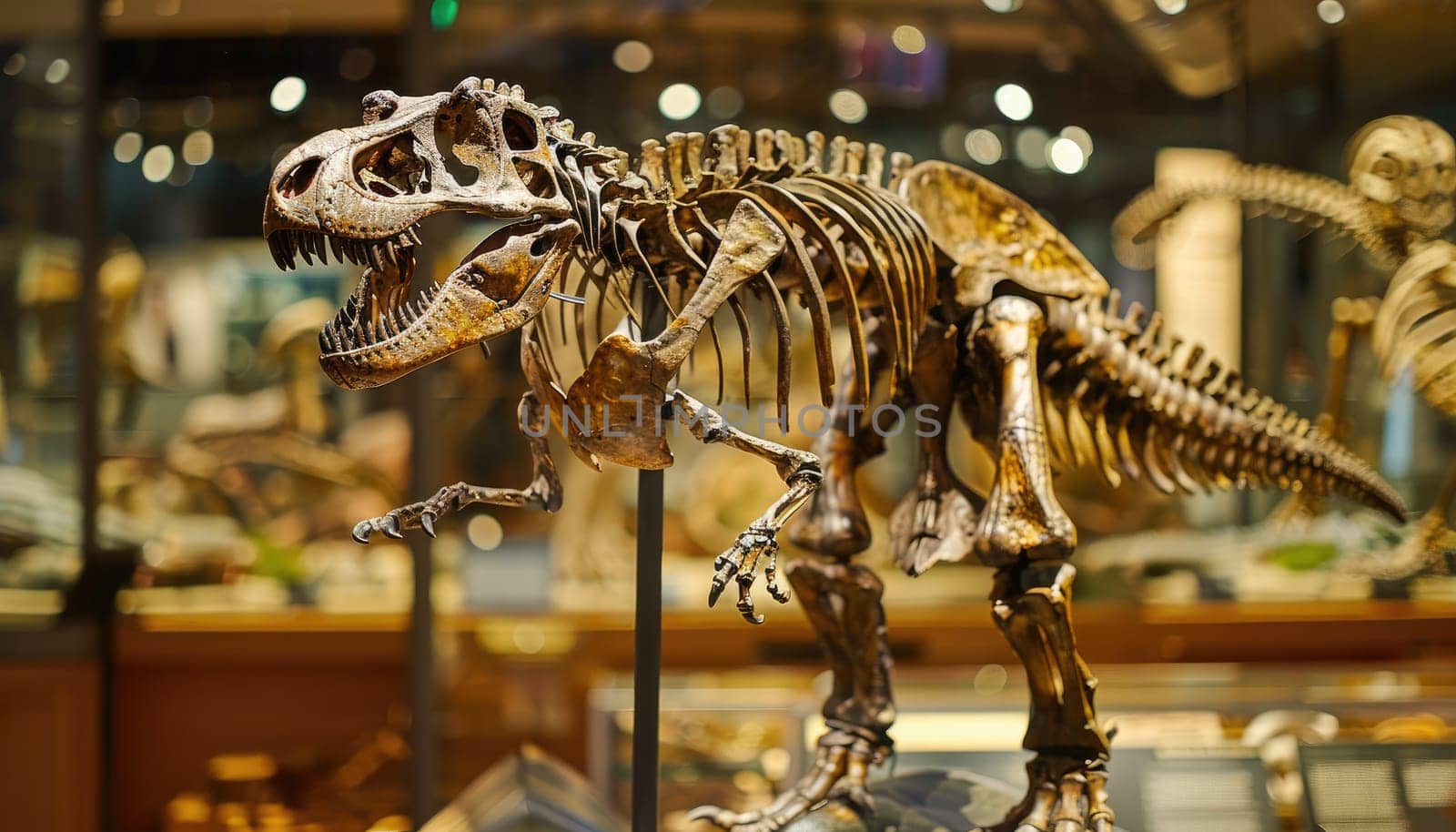 A skeleton of a dinosaur is on display in a museum by AI generated image by wichayada