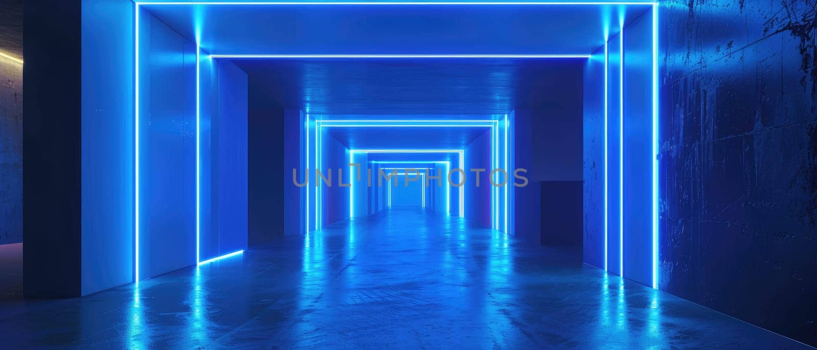 A long blue hallway with neon lights by AI generated image by wichayada