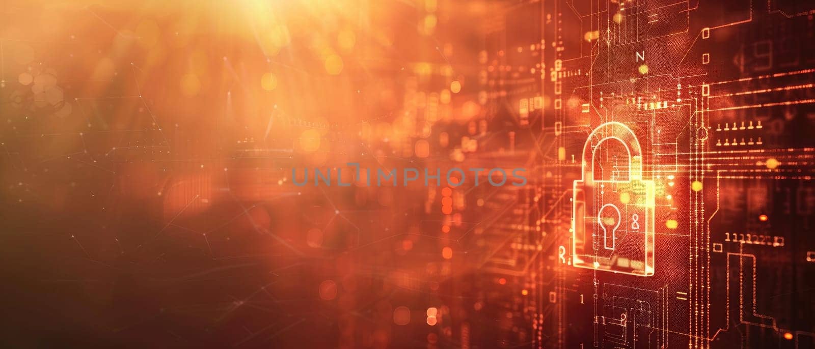 A lock is shown in a cityscape with a bright orange light shining on it by AI generated image by wichayada