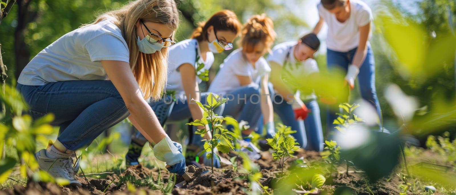 A group of people are planting trees in a park by AI generated image.