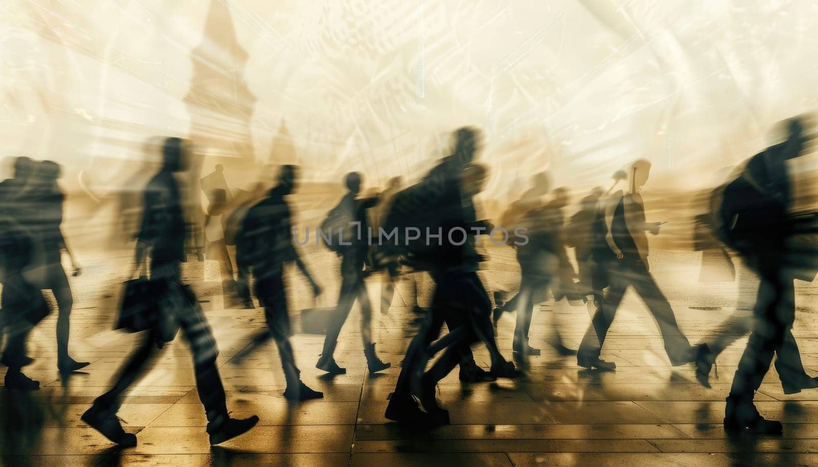 A group of people walking down a street with a blurry background by AI generated image.