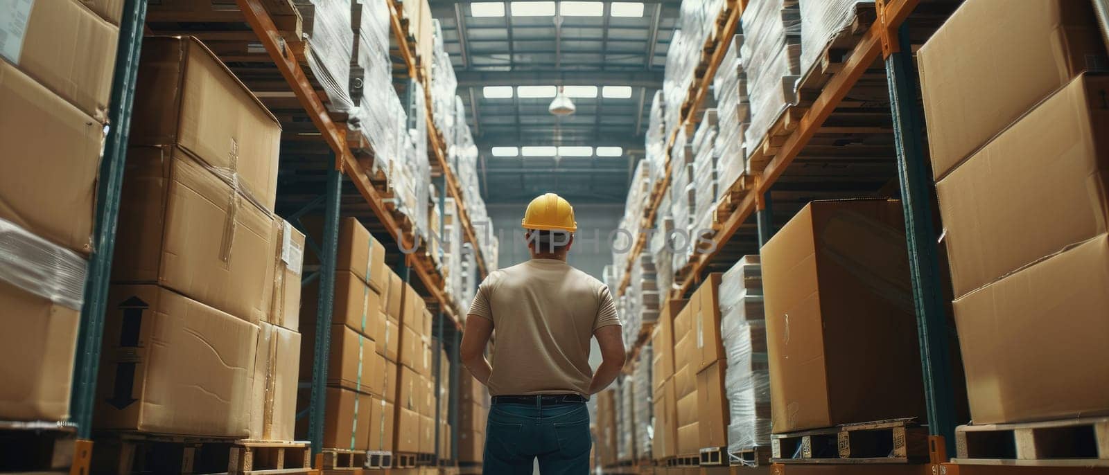 A man wearing a yellow helmet walks through a warehouse filled with boxes by AI generated image.