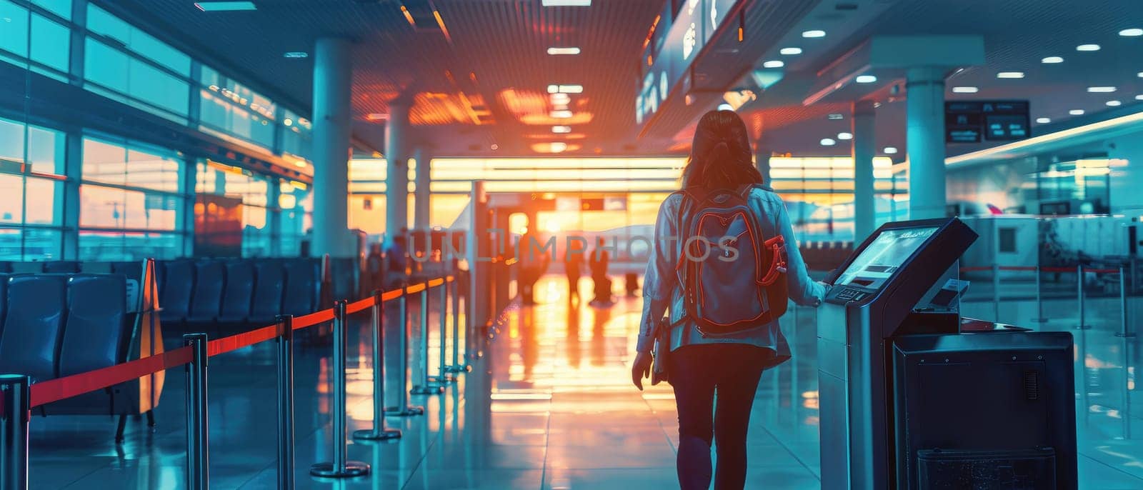 A man and woman walk through a large airport terminal by AI generated image by wichayada