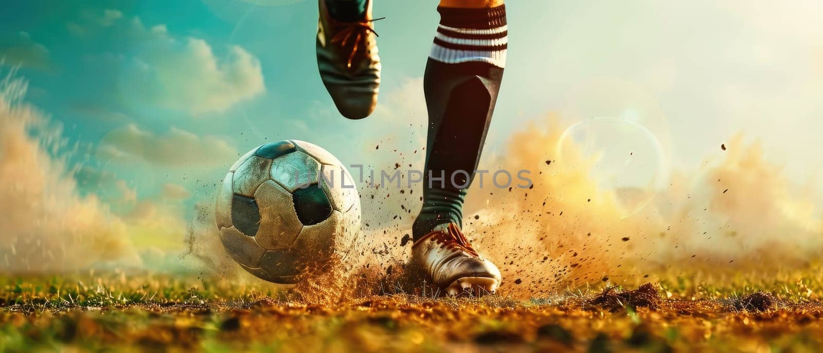 A soccer player kicks a ball on a field by AI generated image.